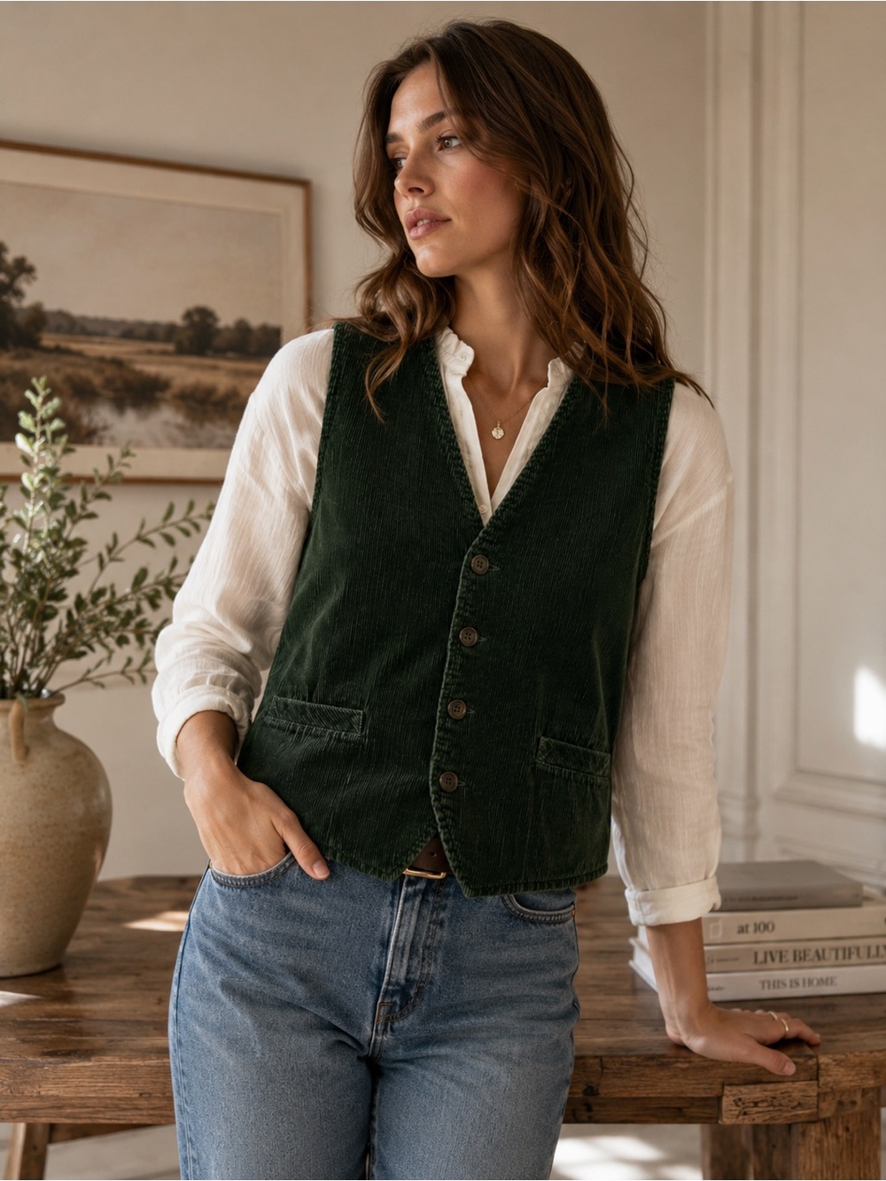 Vintage Bensimon France Green Corduroy Vest Cotton Utility Button Front Size L